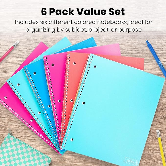 Yoobi College Ruled 8 x 10.5” Spiral Notebook Set – Bulk 6-Pack of 1 Subject Notebooks – Perfect Addition – 100 Perforated 3-Hole Punched Sheets, For School, Office & Home