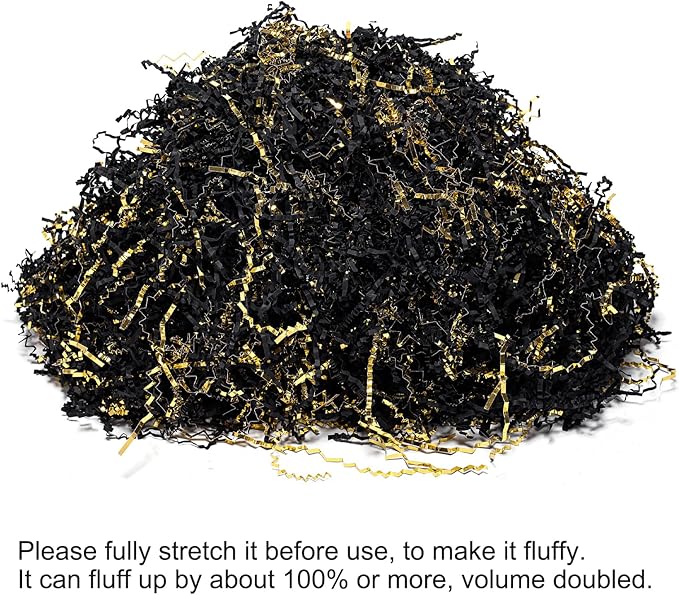 Mefleet 2 LB Crinkle Cut Paper Shred Filler Black & Gold Crinkle Shredded Paper for Gift Box - Gift Basket Bag Filler - Grass Cushion Stuffing for Christmas Holiday Packaging Wrapping