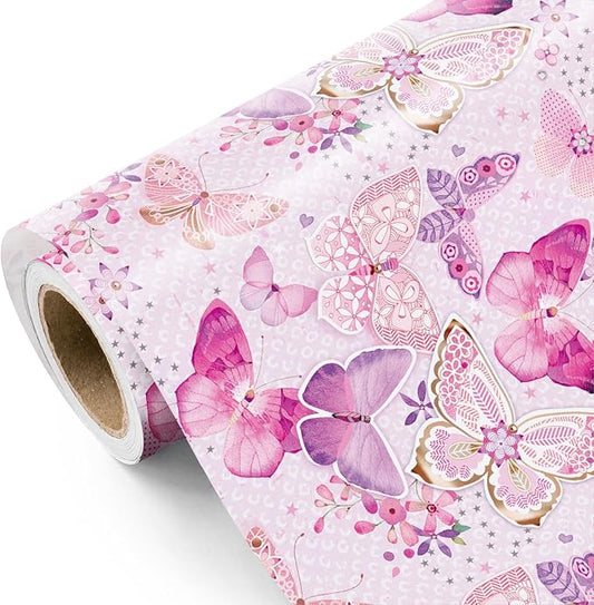 WRAPAHOLIC Pink Butterfly Wrapping Paper Roll - Mini Roll - 17 Inch x 33 Feet - Fantasy Butterfly Design, Perfect for Birthday, Wedding, Bridal Shower