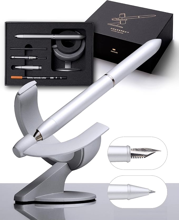 novium Hoverpen Future - Luxury Fountain Pen & Rollerball Pen All-In Gift Box, Schmidt Nib (Fine), Converter, Extra Refill, Aerospace Metal, Best Pen Gift Set for Men & Women (Frost Silver)