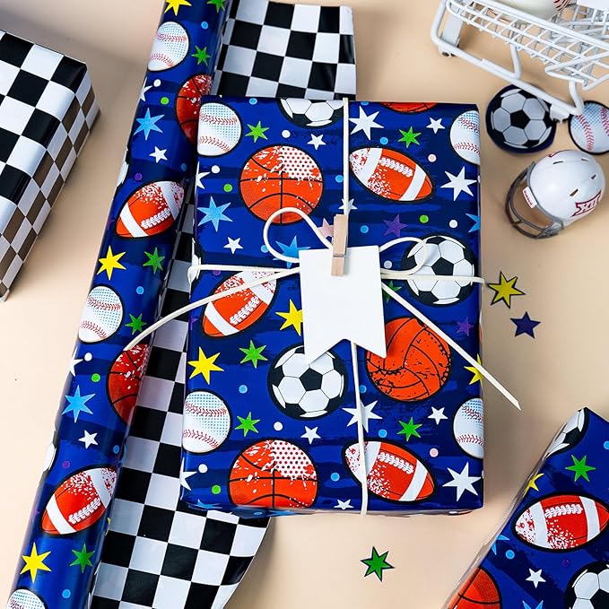 Yarcony Baseball Wrapping Paper Roll, Blue Wrapping Paper for Boys Birthday, Reversible Basketball, Football, Hockey Soccer & Checkered Flag Sports Themed Gift Wrap for Sports Fan(17 In X 16.5 Ft)