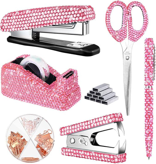 Demissle 6 Pcs Bling Office Desk Accessories Set Crystal School Stationery Kit Scissor Stapler with Staple, Tape Dispenser, Diamond Pen, Staple Remover, Binder Clip, Paper Clip, Push Pins(Pink)