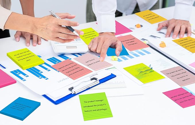 (15 Pads) Lined Sticky Notes 4x6 in Post, 7 Bright Colors with Lines Self-Stick Note Pad it, Strong Adhesive, Big Rectangular Sticky Pads for Office, Home, School, Meeting