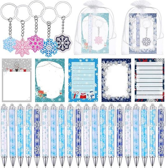 Ctosree 120 Pcs Christmas Sticky Note and Pen Set Christmas Party Favors Gift Winter Snowflake Stationery Gift with Notepad Ballpoint Pen Keychain Organza Bag for Student Office School Party Supplies