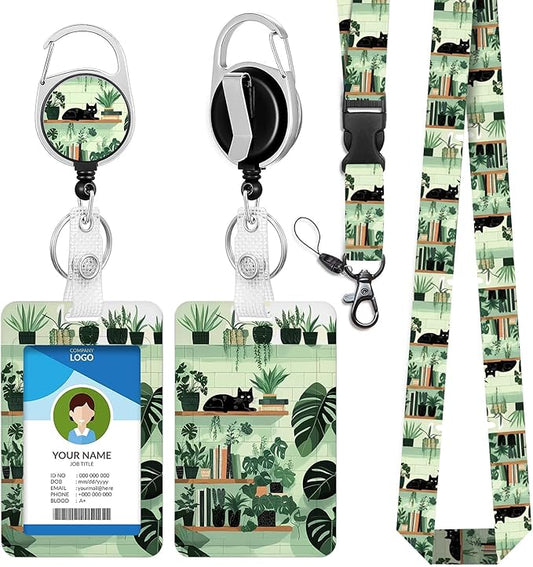 Cute Black Cat Lanyard with ID Holder, Book Shelf Plant ID Badge Holder with Retractable Badge Reel Carabiner Clip，Breakaway Lanyard Keychain Name Tag ID Card Holder for Teacher Student