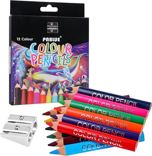 Triangular Jumbo Color Pencils, Short Fat Pre-Sharped Colored Pencils with Pencil Sharpener and Eraser,Gift for Student Drawing and Doodling（12 Colors）