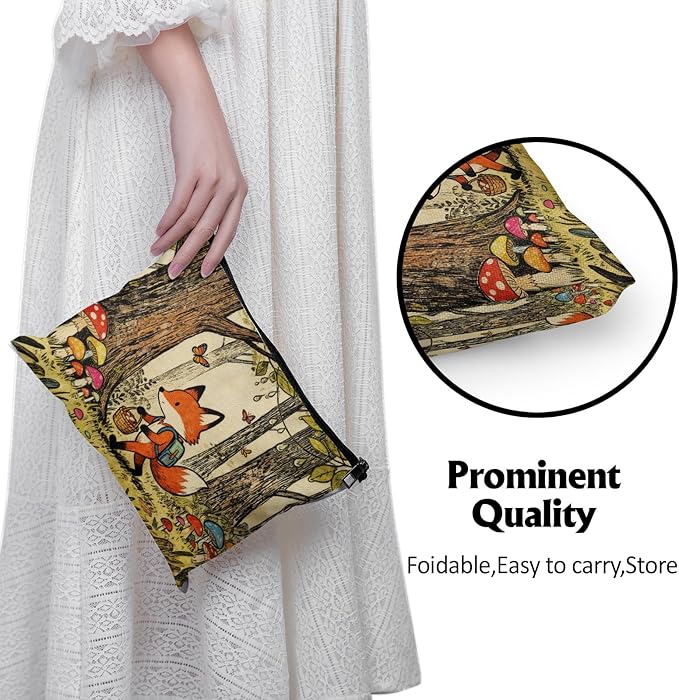 Cafl Fox Forest Mushrooms Makeup Bag Cartoon Cosmetic Bag for Women Large Capacity Make Up Bag Portable Travel Toiletry Pouch Organizer 10 * 8inch
