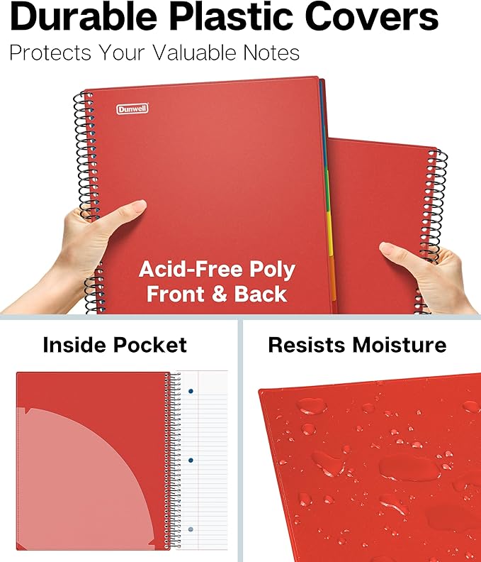Dunwell 5-Subject Spiral Notebook, College Ruled (Red), Colorful Movable Pocket Dividers with Tabs, Front/Back Plastic Covers, 200 Sheets (400 Pages) of 3-Hole Punch Perforated 8.5x11 Paper
