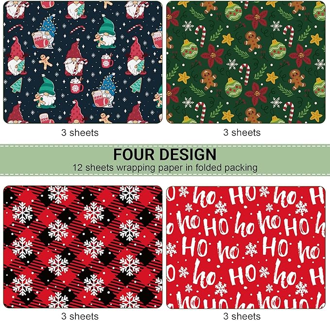 ZDSPIDE Christmas Wrapping Paper for Kids Adults - Xmas Wrapping Paper with Red/Black Plaid, Gnome, Gingerbread Man, Ho Ho Words - 19.7x27.5 Inches, 12 Sheets, Easy to Store
