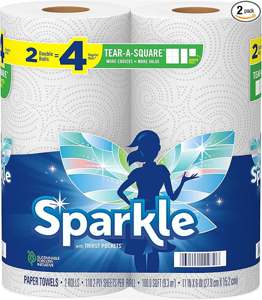 Sparkle Tear-A-Square Paper Towels, 2 Double Rolls (220 Sheets Total) - Strong 2-Ply Towels for Kitchen Cleanup and Everyday Messes