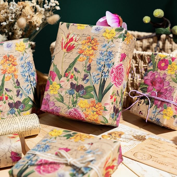 WRAPAHOLIC Kraft Floral Wrapping Paper Roll - Mini Roll - 17 Inch x 33 Feet - All Occasion Vintage Flower for Wedding Bridal Shower Birthday