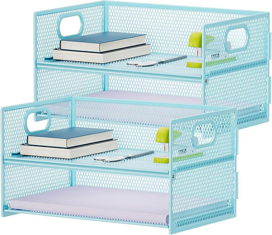 Marbrasse 2 Tier Paper Organizer Letter Tray, Mesh File Organizer with Handle, Paper Sorter Desk Organizer for Home Office Supplies - 2P Blue