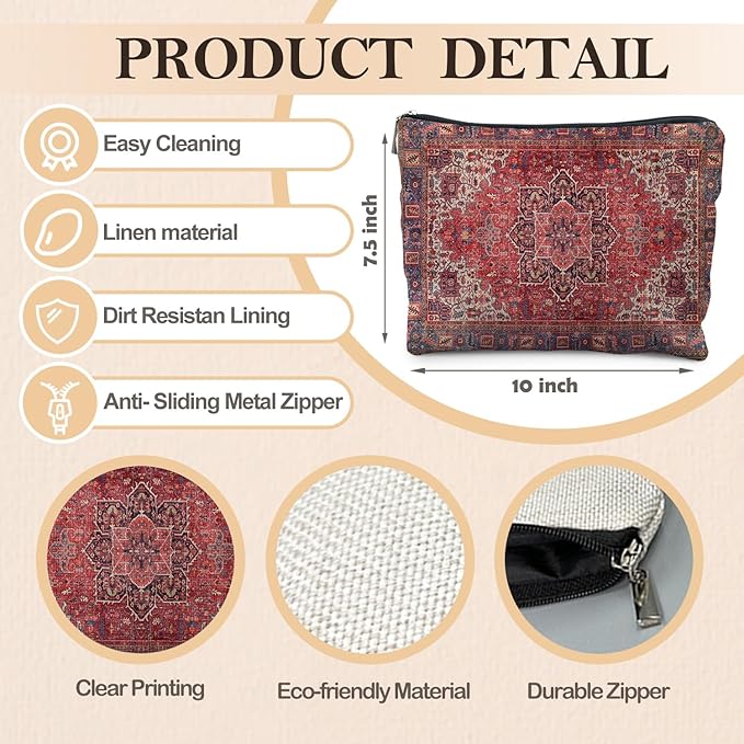 Traditional Red Rug Style Makeup Bag, Vintage Ethnic Pattern Cosmetic Bag Gifts for Women Friends, Boho Tapestry Pouch