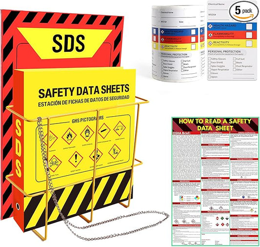 Lontcs MSDS SDS Binder and Wall Station Set,Yellow Heavy Duty 3 Inch Material Safety Data Sheet 3 Ring Binder with SDS Wire Rack and Display Sign,Chain,Safety Posters,MSDS Labels,Binder Wall Mount