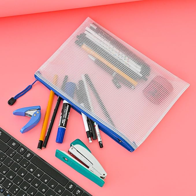 AUSTARK 20 Pcs Zipper File Bags, Plastic Mesh Pouch, Board Game Storage Bag, Waterproof Bags for Office School (B5 Size 11.4''x8.2'', White and Blue)