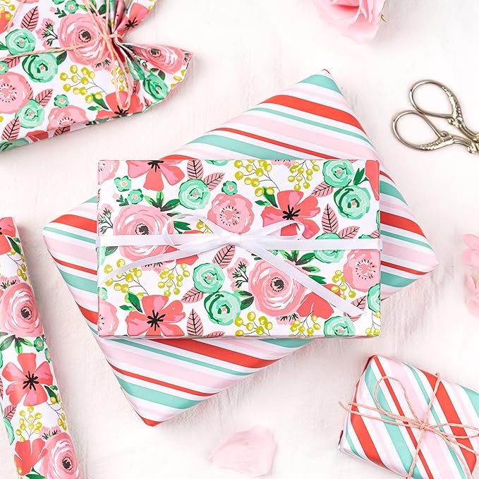 WRAPAHOLIC Reversible Floral Wrapping Paper - Mini Roll - 17 Inch X 33 Feet - Peach Pink Floral Design for Birthday, Mother's Day, Wedding, Baby Shower