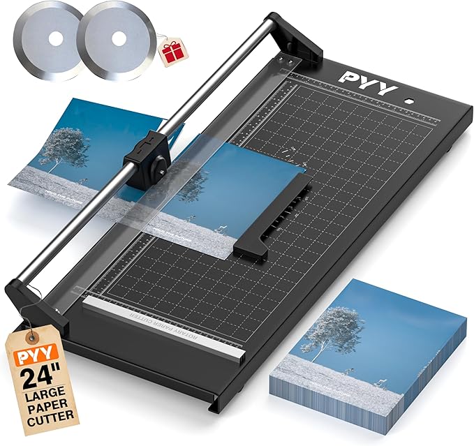 PYY Rotary Paper Cutter - Large Paper Cutter, 24 Inch Heavy Duty Trimmer with Self-Sharpening Blade & Measurement Grid for Cardstock, Posters, Photos - Studio & Office Use