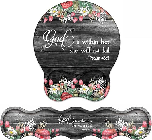 Wrist Rest Support Ergonomic Gel Mouse Pad & Memory Foam Keyboard Set, Non-Slip Rubber PU Base for Home Office Working Studying Easy Typing & Pain Relief, Floral Quote Bible Verses Psalm 46:5