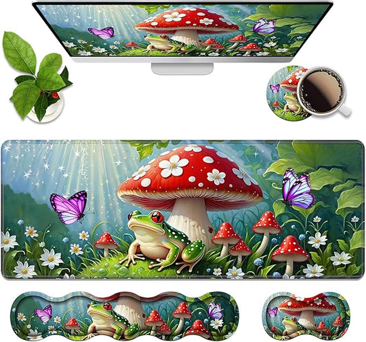 4 in 1 Ergonomic Memory Foam Mouse Pad Wrist Rest Set, Large XXL Gaming Desk Pad + Keyboard Wrist Rest + Mouse Wrist Cushion + Coaster for Home Office Study Gaming, Frog Mushroom Butterfly