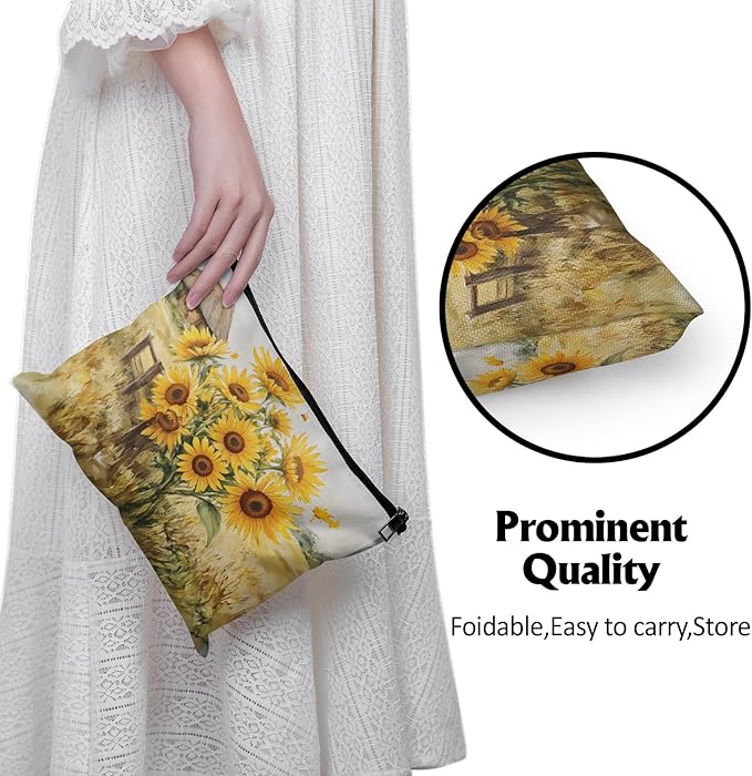 Cafl Sunlit Barnyard Makeup Bag Sunflower Field Cosmetic Bag for Women Large Capacity Make Up Bag Portable Travel Toiletry Pouch Organizer 10 * 8inch