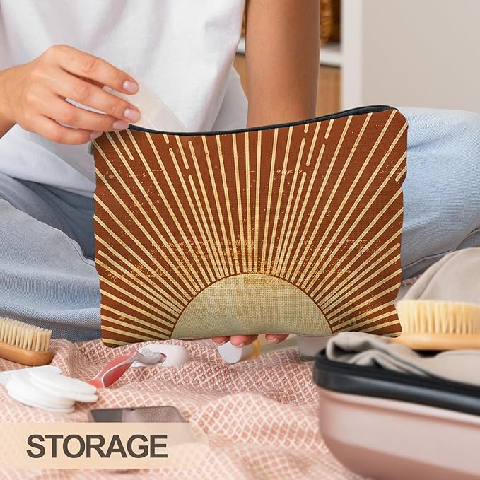 Sunshine Ray Boho Makeup Bag, Granola Girl Gifts, Vintage Orange Boho Neutral Sun boho Bags for Women, Retro Makeup Bag, Art or Journaling Pouch, Boho Gifts for Women