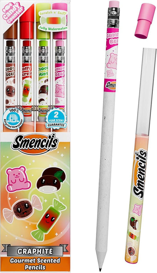 Smencils Candy Conter Scented Pencils – HB #2 Graphite Pencils Made from Recycled Newspapers, 4 Pack, Long-Lasting Gourmet Scents, Fun School Supplies & Gifts for Kids, Teachers, Classroom Rewards