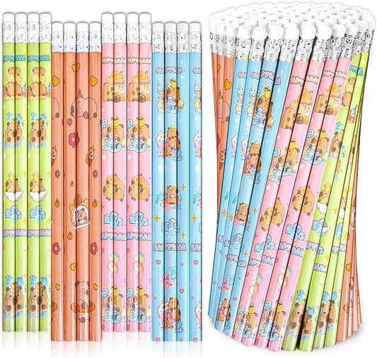 100 Pieces Capybara Block Wood Pencils Colorful Round Pencils with Top Erasers Students Birthday Goody Bag Bulk Filler for Exams School Office Sketching Learning Activities