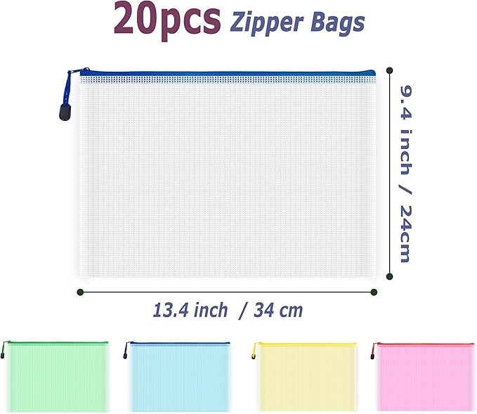AUSTARK 20 Pcs Zipper File Bags, Plastic Mesh Pouch, Board Game Storage Bag, Waterproof Bags for Office School (A4 Size 13.4''x9.4'', Multicolored)