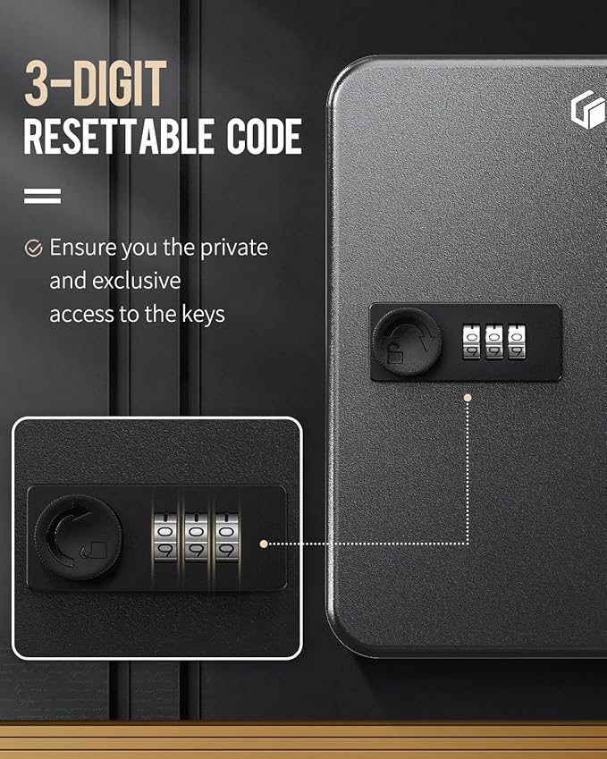 Uniclife 20 Position Key Cabinet with Combination Lock Resettable Black Digital Security Storage Box Steel Key Organizer with Colorful Key Tag Labels Stickers and Hooks