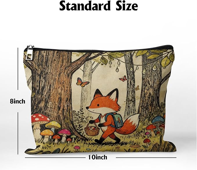 Cafl Fox Forest Mushrooms Makeup Bag Cartoon Cosmetic Bag for Women Large Capacity Make Up Bag Portable Travel Toiletry Pouch Organizer 10 * 8inch