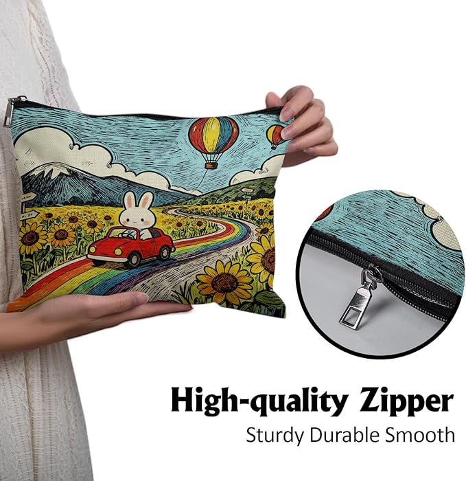Cafl Rabbit Red Car Rainbow Makeup Bag Cartoon Bunny Cosmetic Bag for Women Large Capacity Make Up Bag Portable Travel Toiletry Pouch Organizer 10 * 8inch