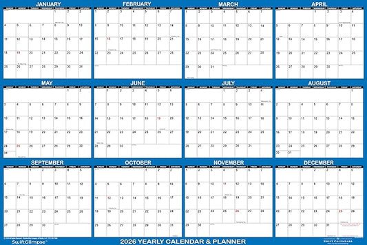 48" x 72" SwiftGlimpse 2026 Wall Calendar Erasable HUGE Jumbo Wet & Dry Erase Laminated 12 Month Annual Yearly Wall Planner, Horizontal, Navy