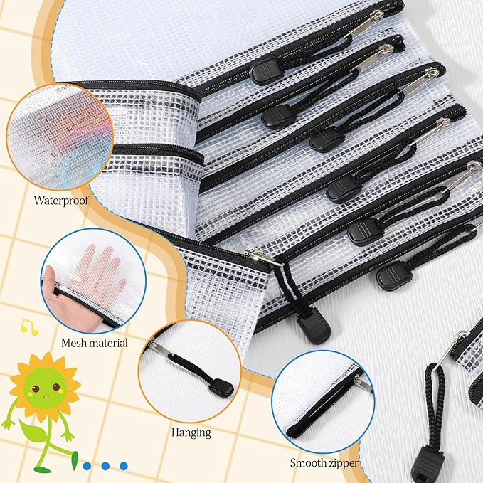 SHENLIU 30 Pcs Plastic Mesh Zipper Pouch Bags, Waterproof A3 Size 17x12 In Large Zipper Storage Bags, Document File Folders, Reusable Documents Pouch for Organizing Office Home Travel Storage