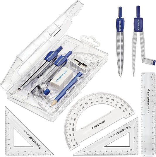 STAEDTLER School Kit Math Geometry Set - 10-Piece Compass, Protractor & Ruler Kit with Flip Open Storage Box - Clear Measuring Tools - Student Drawing Supplies