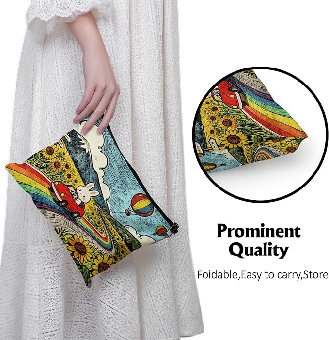 Cafl Rabbit Red Car Rainbow Makeup Bag Cartoon Bunny Cosmetic Bag for Women Large Capacity Make Up Bag Portable Travel Toiletry Pouch Organizer 10 * 8inch