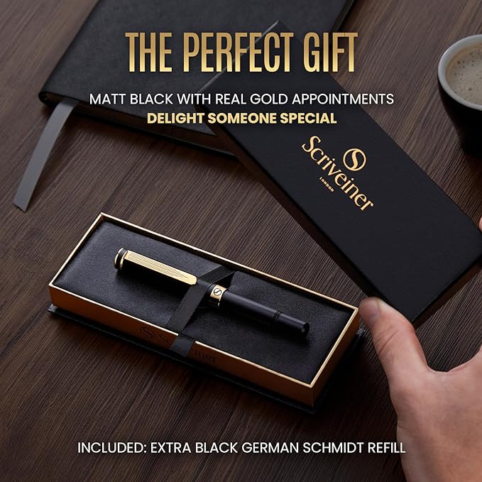 Scriveiner Black Rollerball EDC Luxury Pen, Stunning Pocket Roller ball with Real Gold Finish, Great Gift for Men & Women with German Schmidt Refill, Nice Present, Fancy Office Designer Pen