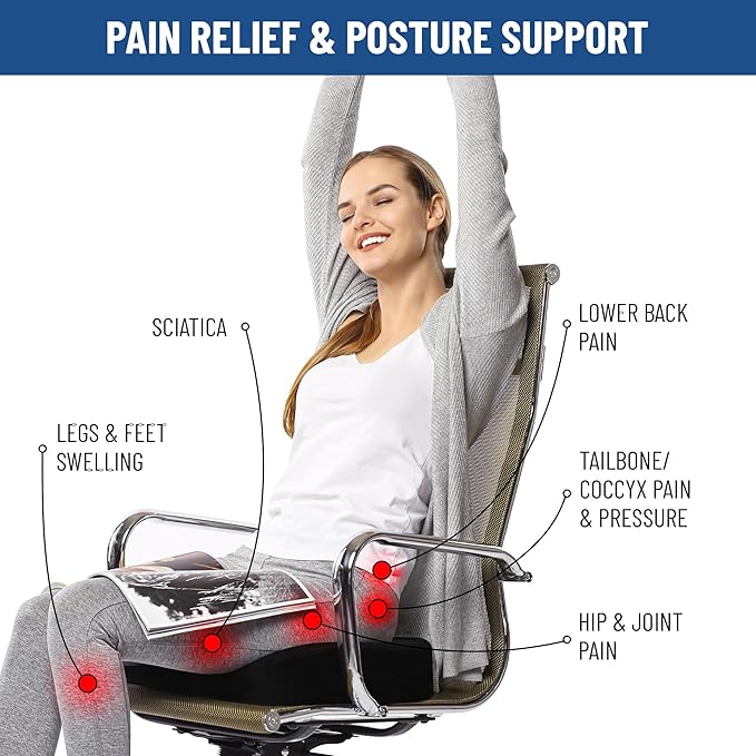 Everlasting Comfort Doctor Recommended Memory Foam Seat Cushion for Office Chairs & Car - Ergonomic Office Desk Accessories - Cushions for Tailbone Pain Relief, Sciatica (Black, X-Large)