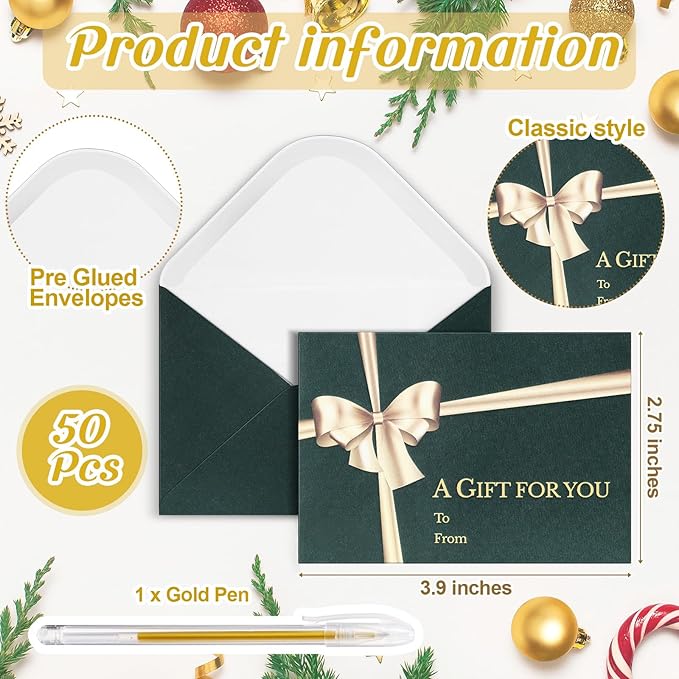 Glenmal 50 Pcs Christmas Mini Gift Card Envelopes with Golden Bow Card Holder Business Envelopes with Gold Ink Pen for Christmas Festival Party Supplies, 2.7 x 3.9''(Green)