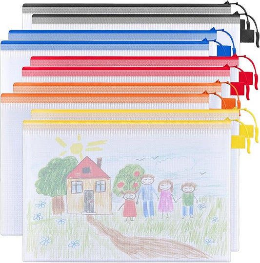 BALEINE 10PK Mesh Zipper Pouch Bags, Waterproof Clear Zipper Bags, Multiple Colors Plastic Mesh Bag File Bag for Organization, Suitable for Office Supplies, Home, Travel (10 PK, Letter Size)