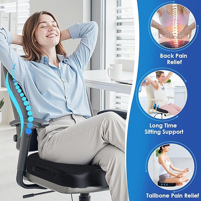 TushGuard Seat Cushion for Office Chair Memory Foam Non-Slip Desk Seat Cushion Back, Coccyx, Sciatica, Tailbone Pain Relief Butt Pillow for Office Chair, Car, Wheelchair, Black