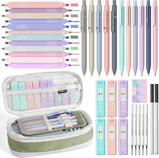Nicpro 39 PCS Aesthetic School Supplies with Cute Pencil Case, 12 Color Pastel Highlighters, 5 Quick Dry Retractable Black Ink Pens, 6 Pastel Mechanical Pencil 0.5 & 0.7 mm for Student Stationary