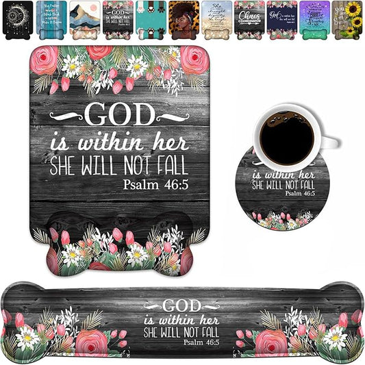 Wrist Rest Support Ergonomic Gel Mouse Pad & Memory Foam Keyboard Set, Non-Slip Rubber PU Base for Home Office Working Studying Easy Typing & Pain Relief - Floral Quote Bible Verses Psalm 46:5