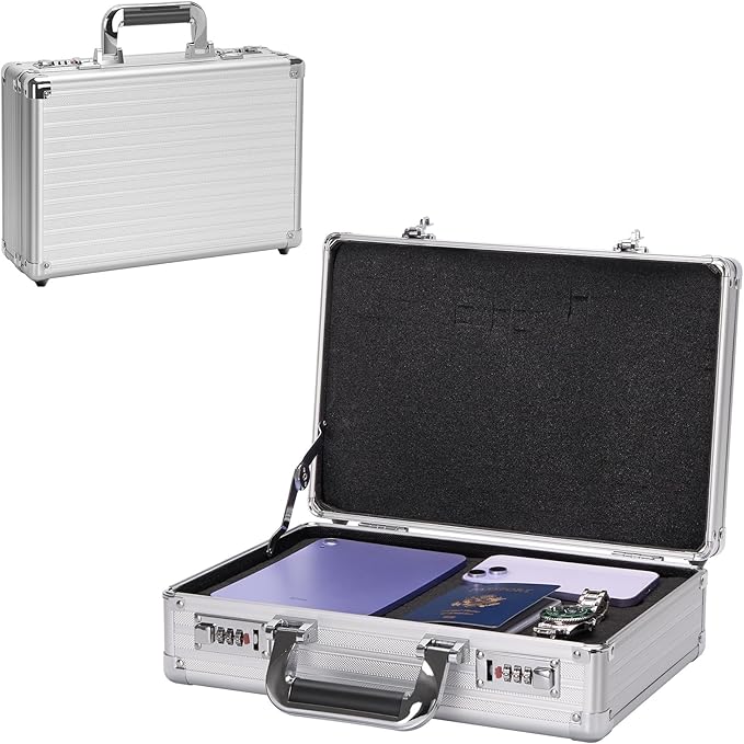 Security Lock Boxes - 14.2 x 9.4 x 4.5 Inch Medium, Portable Locking Storage Totes with Dual Combination Locks, Medicine Lock Box, Lock Boxes for Personal Items, Cash & Briefcase - Silver