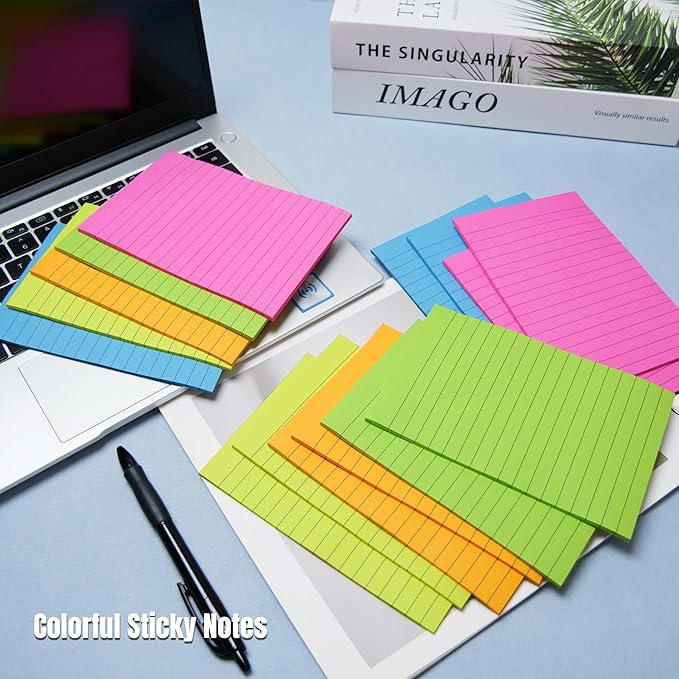 (15 Pack) Lined Sticky Notes 4x6 in Post Ruled Stickies Super Sticking Power Memo Pads, Bright Colors Big Sticky Notes with Lines Self-Stick Note Pad