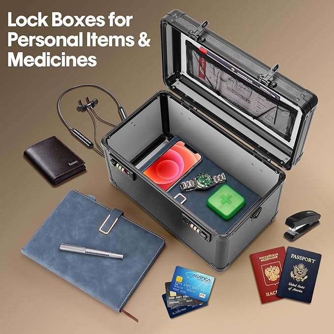 Large Lock Box - Security Combination Lock Box, Locking Storage Case for Personal Items and Medicine, Childproof Lockable Lockbox for Home/Office/School, 11.2x7.4x6.8 Inch, Black