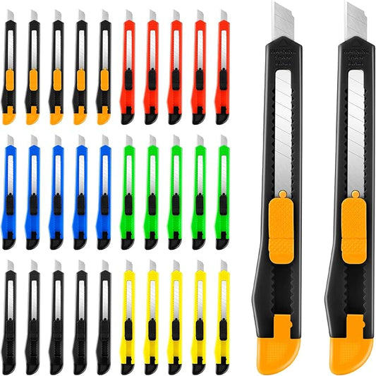 30 Pack Box Cutter Retractable, Snap-Off 9MM Utility Knife, Auto-Lock Razor Knife for Home, School, Hobby Use, Compact Box Opener Exacto Knife for Cutting Boxes, Carton, Cardboard, Vinyl, Rope