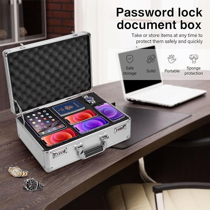 Security Lock Boxes - 18.9 x 14.6 x 6.3 Inch X-Large, Portable Locking Storage Totes with Dual Combination Locks, Medicine Lock Box, Lock Boxes for Personal Items, Cash & Briefcase - Silver