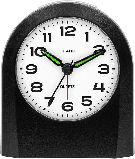 Sharp Small Battery Operated Analog Alarm Clock Silent No Ticking, Lighted on Demand and Snooze, Beep Sounds, Gentle Wake, Ascending Alarm