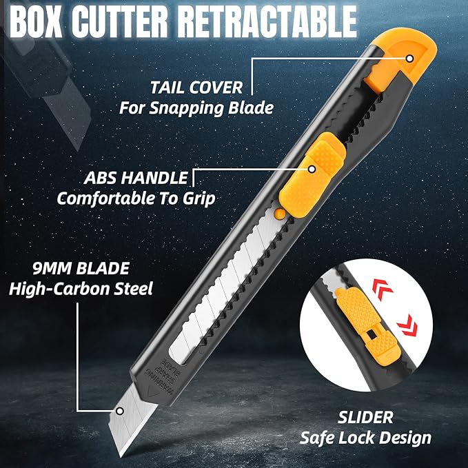 24 Pack Box Cutter Retractable, Utility Knife 9MM Wide Snap-Off Blades, Exacto Knife for Cutting Box, Wrapping, Cardboard, Extended Box Opener Perfect for Office, Home, School