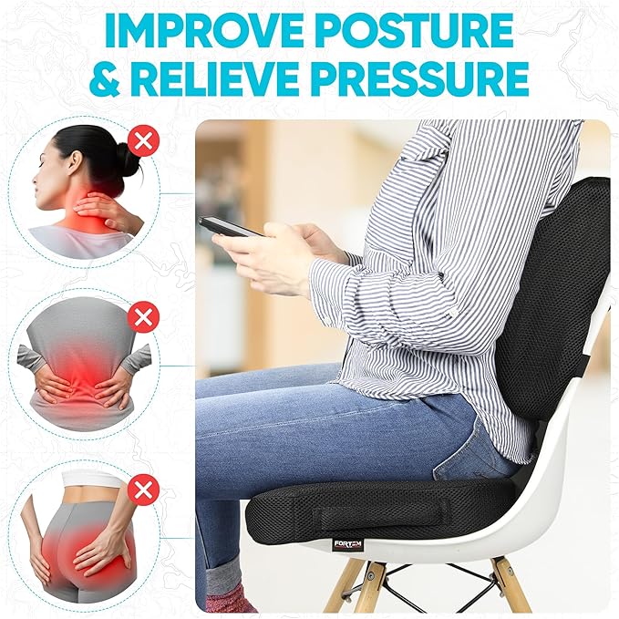 FORTEM Seat Cushion, Office Chair Cushion, Lumbar Support Pillow for Office Chair, Memory Foam Sciatica Coccyx Tailbone Pressure Pain Relief, Car Sitting Pad, Washable Non Slip, XL
